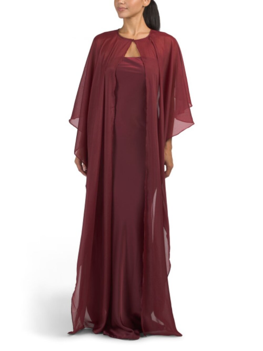 CAMILA COELHO Satin Gown With Chiffon Cape Overlay